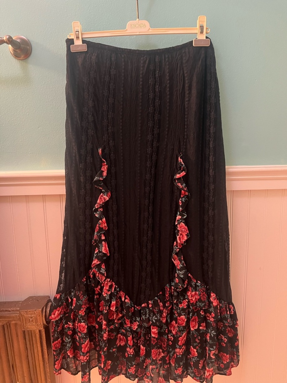 Free People Black Maxi Skirt with Red Floral Ruffle Accents